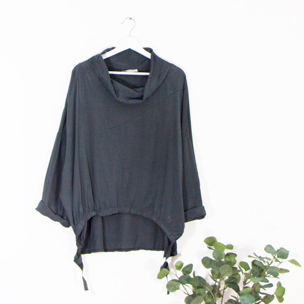 Dressy cowl neck top with a-symmetric stitching and drawstring hem element