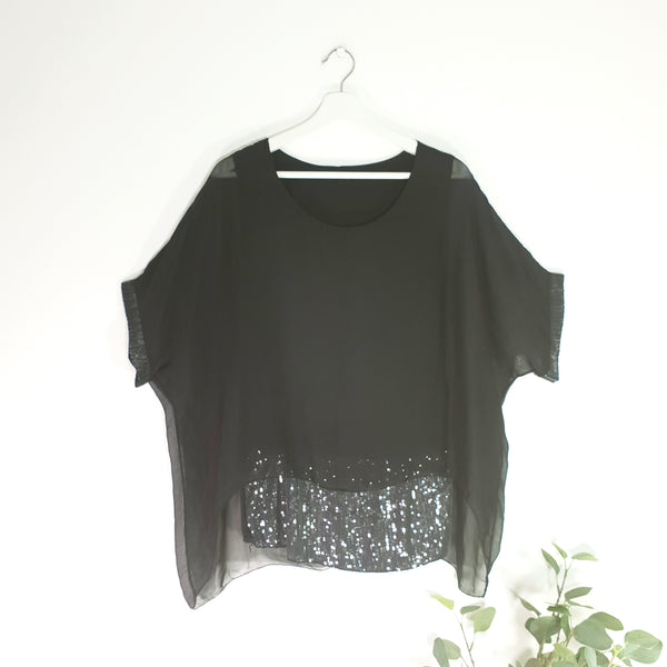 Silk top with sequin sleeves and sequin undergarment