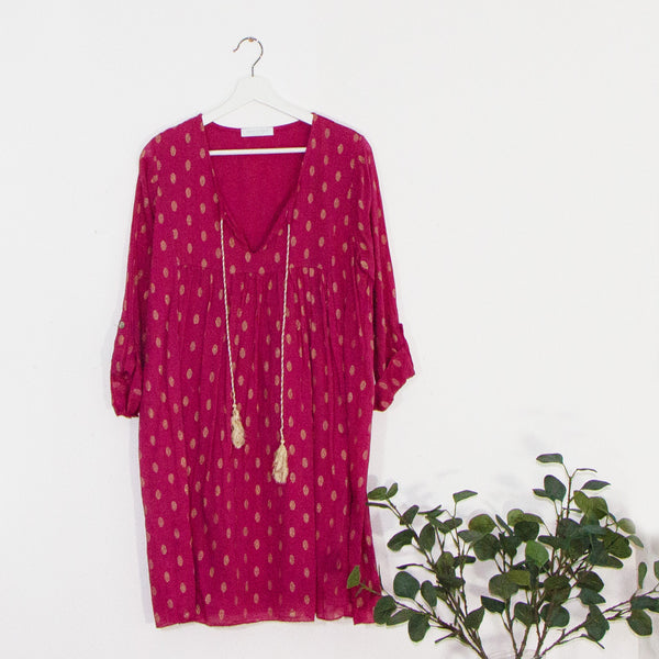 Boho dress with oval gold print fabric with tassel tie