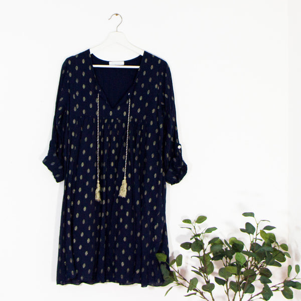 Boho dress with oval gold print fabric with tassel tie