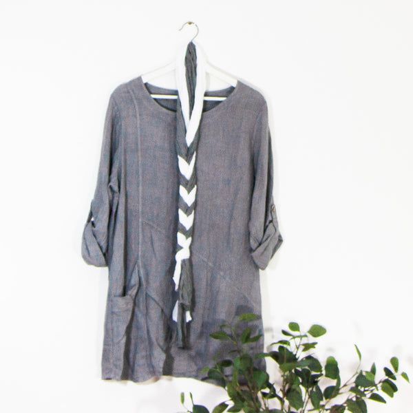 Linen dress with one oversized pocket with dual scarf combo