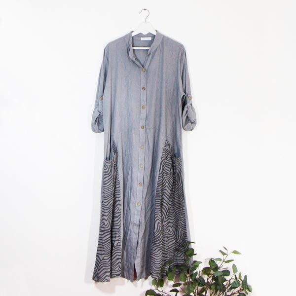 Long linen button down dress with exaggerated subtle zebra print pockets