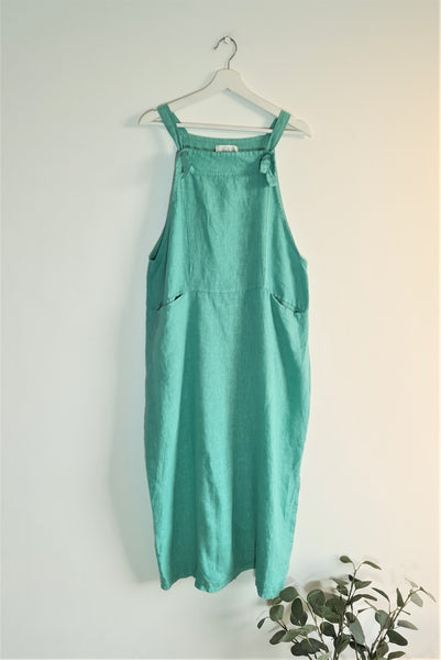 Linen pinafore dress with shoulder ties and front pockets (S-M)