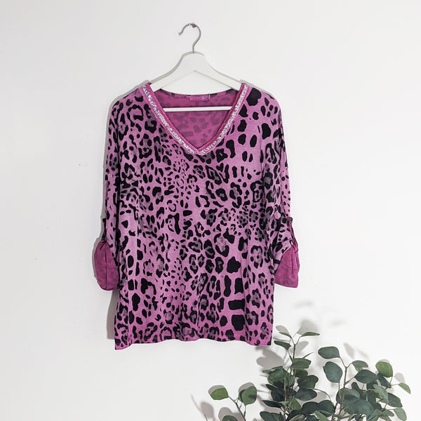 Leopard print V neck top with silver sequin detail neckline