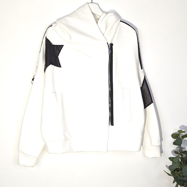 Substantial star hoodie with off centre zip and parker fabric stars and shoulder stripe element (S-M)