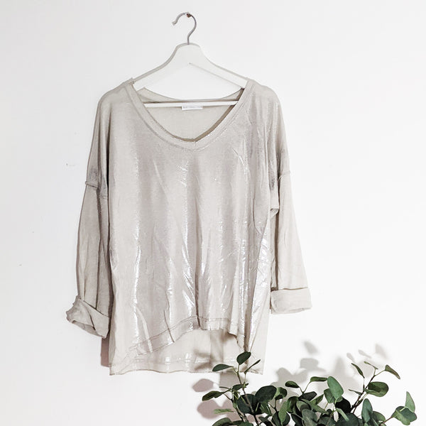 Casual v neck top with silver hot print sheen front