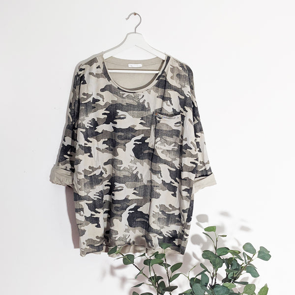 Camo print top with raw edge crystal trim pocket