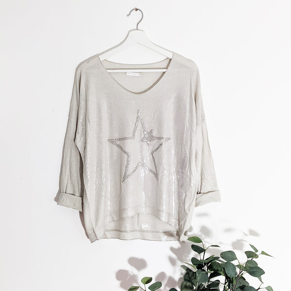 Casual open embroidered stars top with subtle sheen