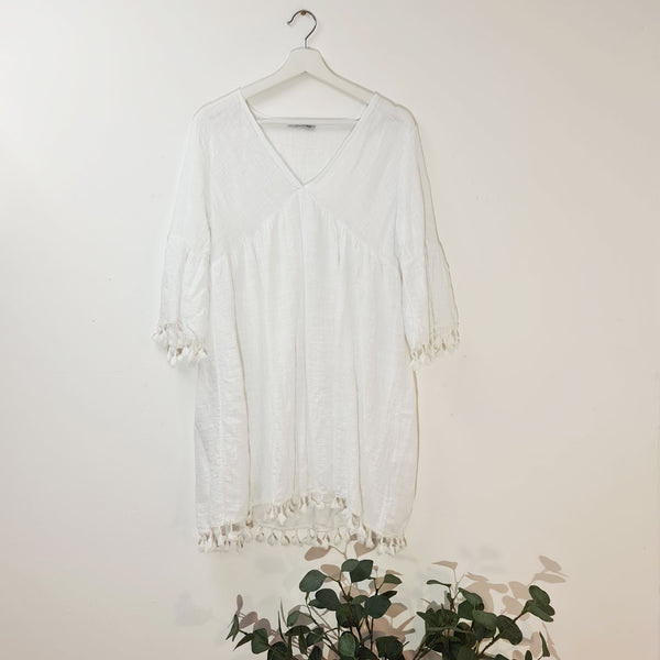 Linen mix boho top or dress with tassel fringe, hem and sleeves