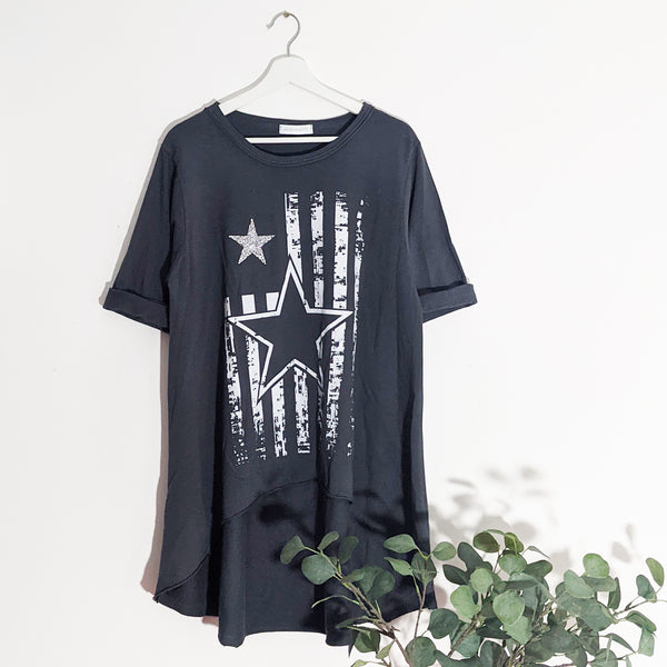 High low free size vintage stars and stripe print top with crystal star