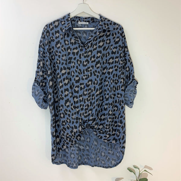 Viscose mix button down leopard print shirt with collar