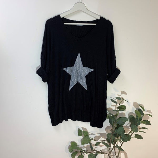 Casual super soft top with black star motif on front with slight v-neck