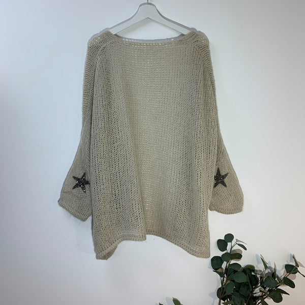 Mohair mix open slouchy cardi crystal star feature on sleeve