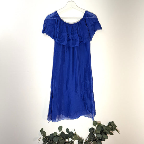 Bardot style silk dress with comfortable attached under garment (S)