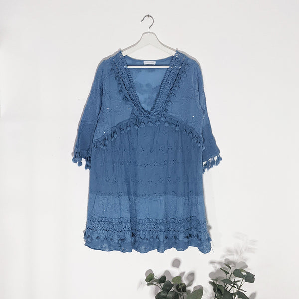 Tassel trim cotton smock top with subtle sequins