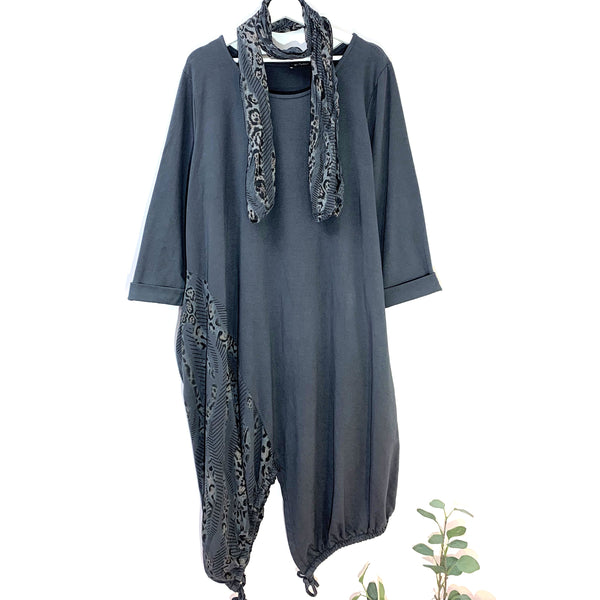 Leopard fusion print panels jersey cover up dress with drawstring hem and scarf combo