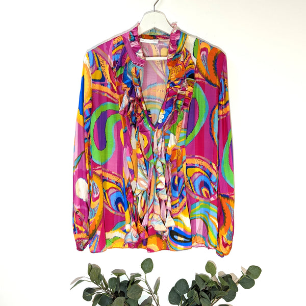 Multicoloured print ruffle front satin shirt