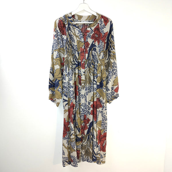 Tencel flower print button down dress with elasticated chest section detail