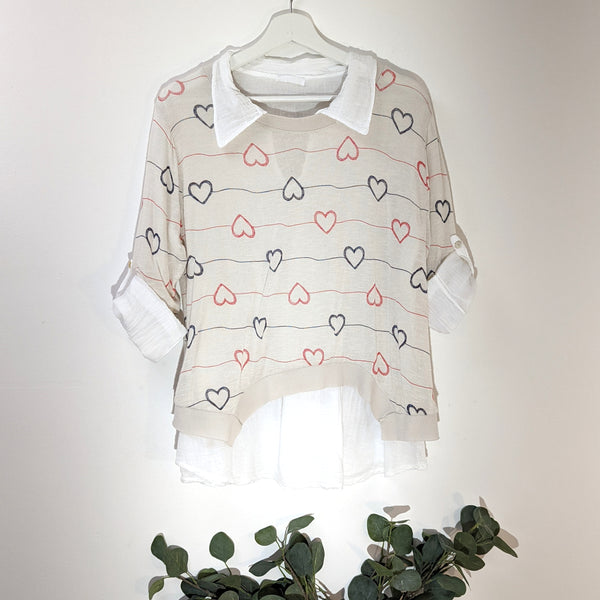 Double layer shirt and fine knit top combo with joined up heart print (S-M)