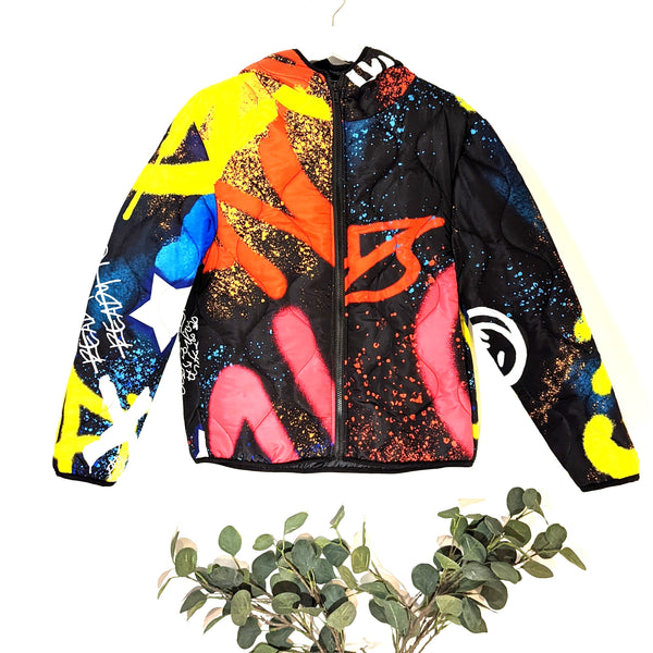 Quilted street style Graffiti hooded jacket with pockets (S-M)