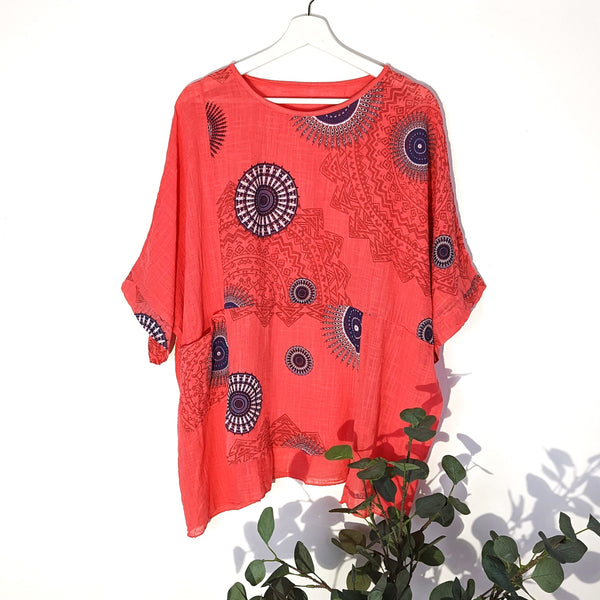 Mandala style print free size cotton top with pockets (M-L)