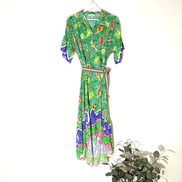 Batik style print Hi-lo dress with deep frill hemline and woven fabric belt