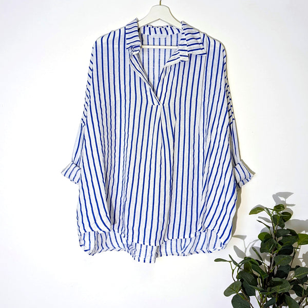 Free size stripey linen top with simple V neck shirt type neckline (M-L)