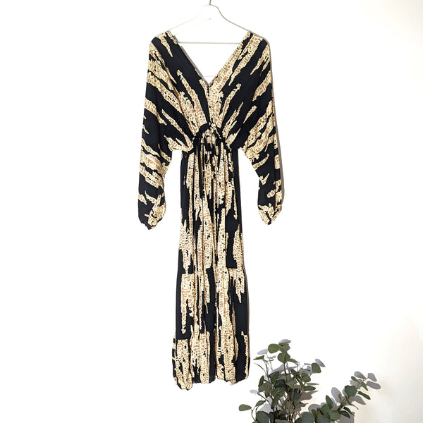 V neck and back viscose long sleeved dress with drawstring tie