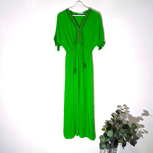 Longline Summer dress plain dress with tassel edge sleeves and gold tread neckline