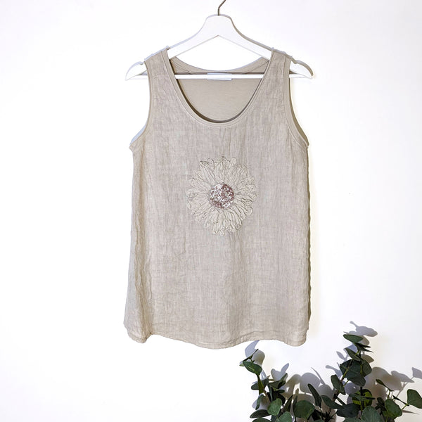 Linen front flower embroidery and sequin top (M)