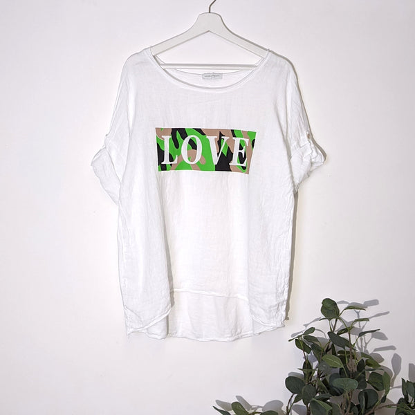 Linen front Jersey back top with neon camo print LOVE motif (M-L)