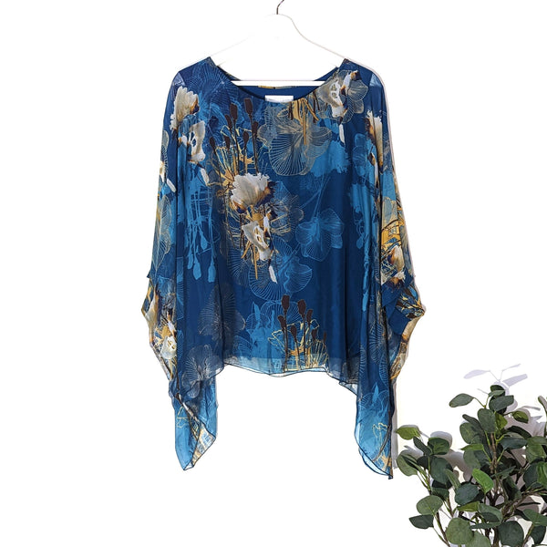 Whimsical autumnal digital print classic silk tunic (M-L)