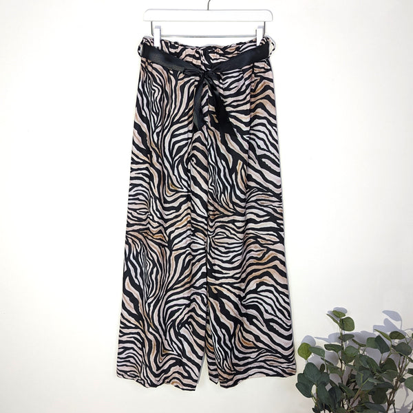 Viscose mix straight leg trousers shady tiger print, elasticated waist and ribbon tie