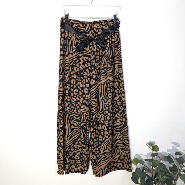 Viscose mix straight leg trousers tan animal fusion print, elasticated waist and ribbon tie