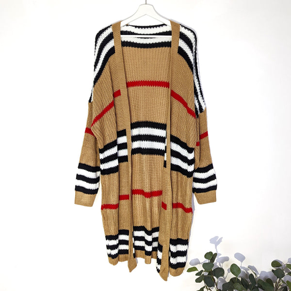 'Burberry' style long knitted open stripey cardi (O/S)