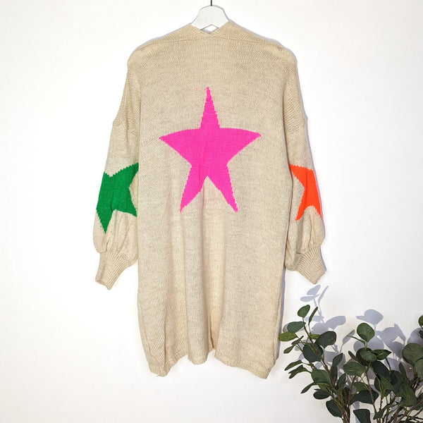 Longline open cardi with stars on elbows and back