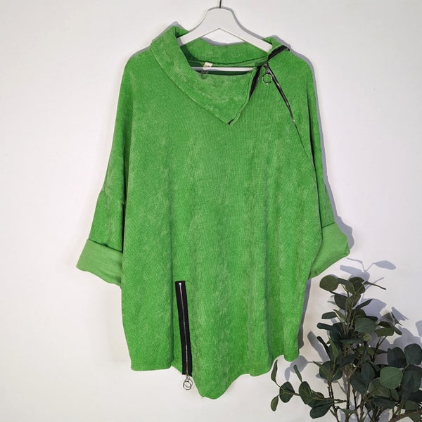 Roomy velour fabric top with side zip features on neckline and hem (M-L)