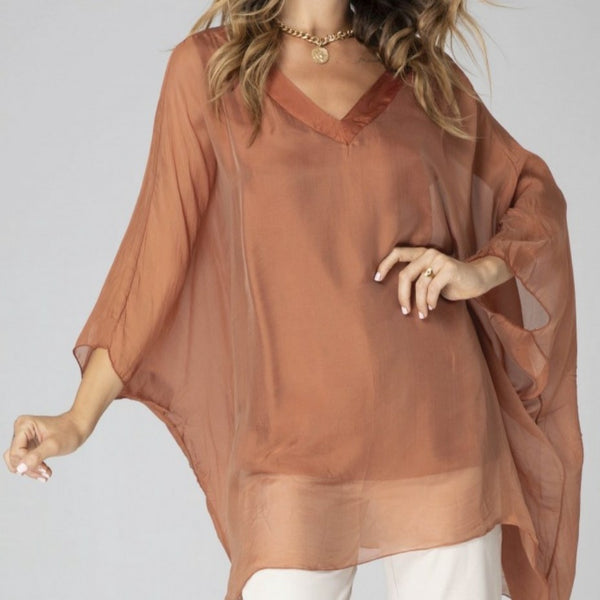 Free size silk top with satin edge v neckline (M-XL)