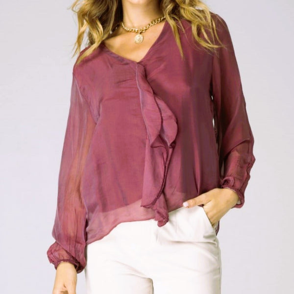 Classy silk top with single subtle ruffle element (S)