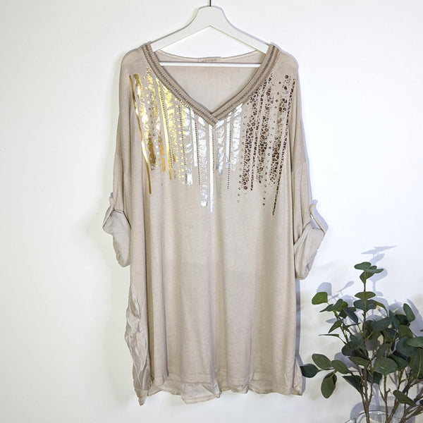 Longline cosy viscose v-neck  top with subtle hot print and crystals (L-XL)