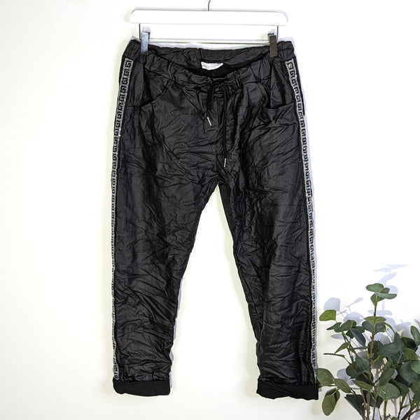 Stretchy subtle metallic leather look trousers with 'Givenchy' style crystal trim (M-L)