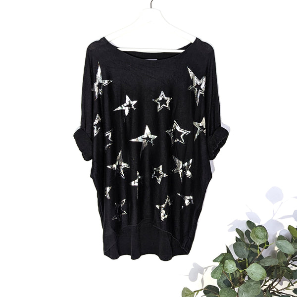 Hi-lo cosy top with silver hot print stars (M)