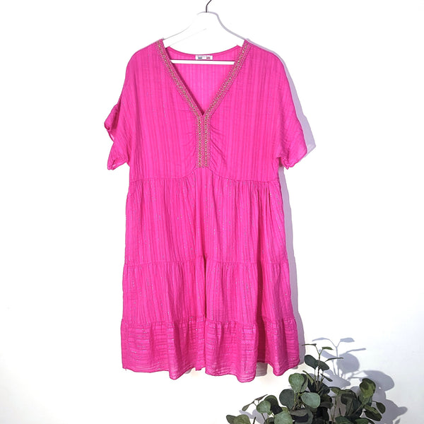 Double layer cotton boho Summer dress with golden embroidery neckline and shimmer thread fabric (M-L)