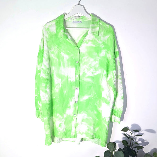 Waffle type roomy cotton fabric shirt with random neon brush stroke print (M-L)