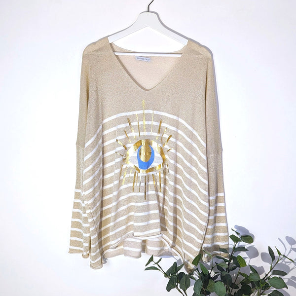 Viscose mix golden knit V-neck jumper with stripes and golden eye