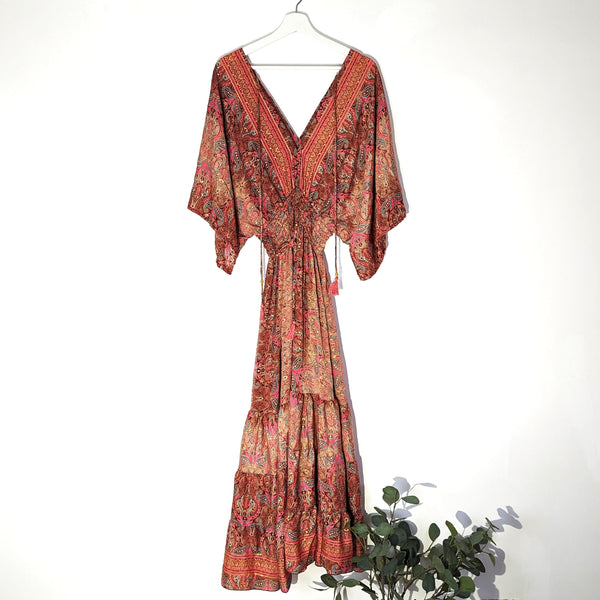 Golden paisley silk viscose mix v-neck free size dress with elasticated waist and tassel tie front and back