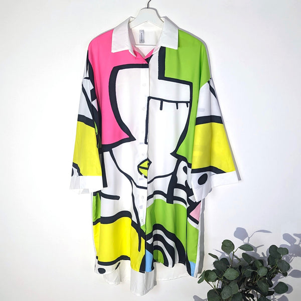 Roomy longline picasso style face print shirt (L-XXL)