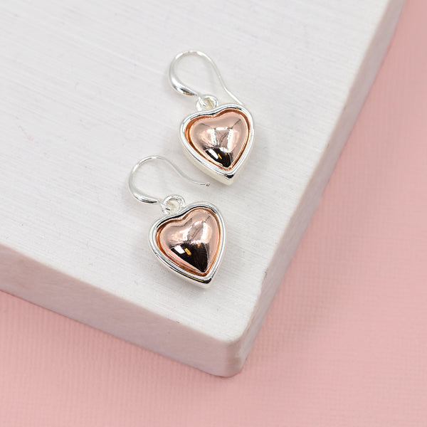 Silver heart earring with rose gold inlay