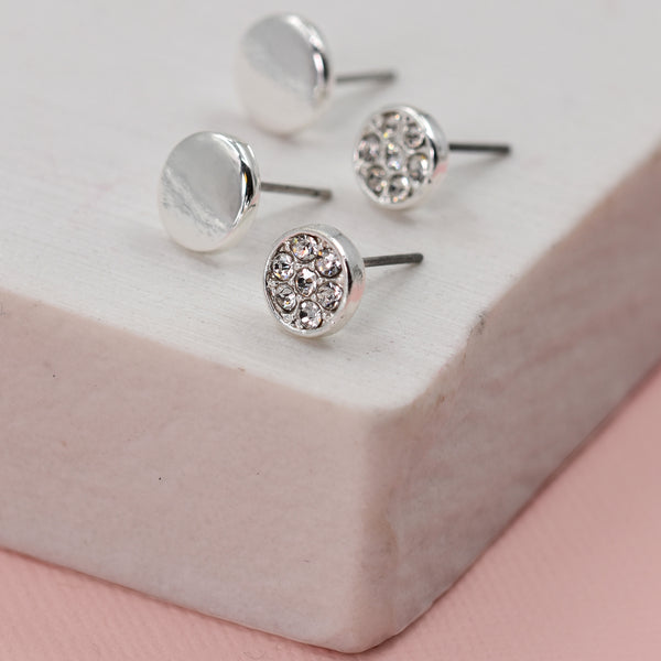 Double disc stud earrings with crystal disc