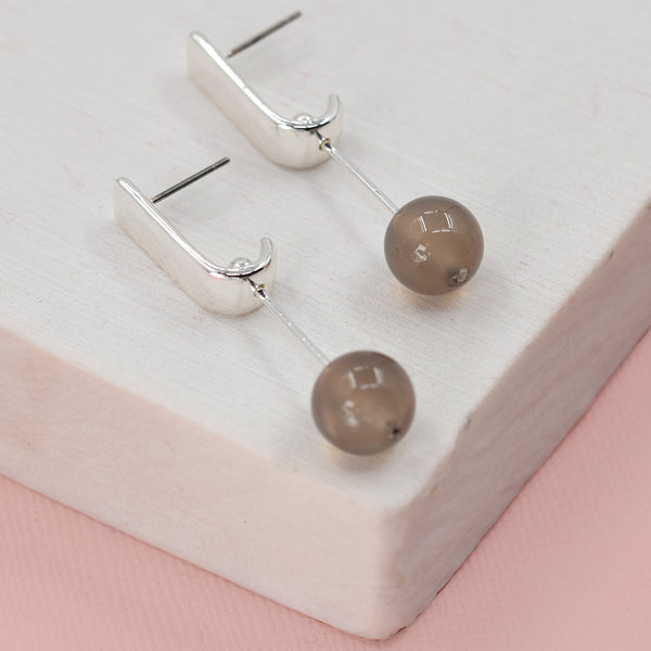 Rectangle stud earrings with grey agate stone drop